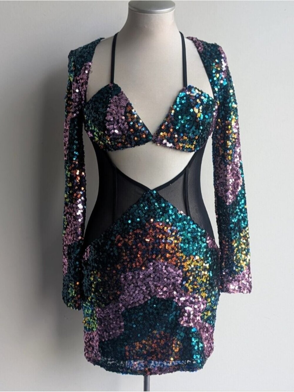 Sparkly Sequins Body Cut Out Long Sleeve Mini Dress
